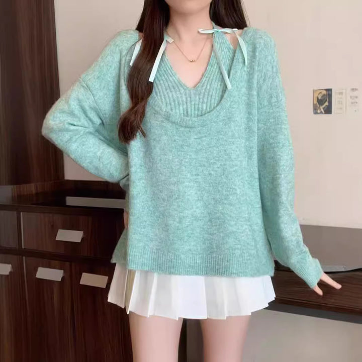 Damen lässiger V-Ausschnitt Pullover mit feinem Rippmuster Drune