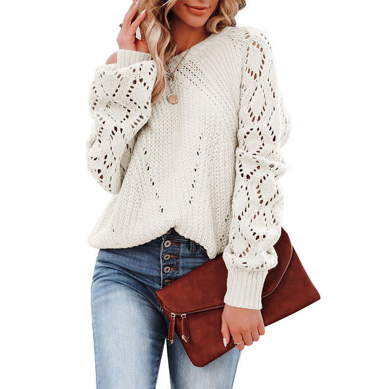 Damen Strickpullover mit modischem Lochmuster und voluminösen Ärmeln Drune