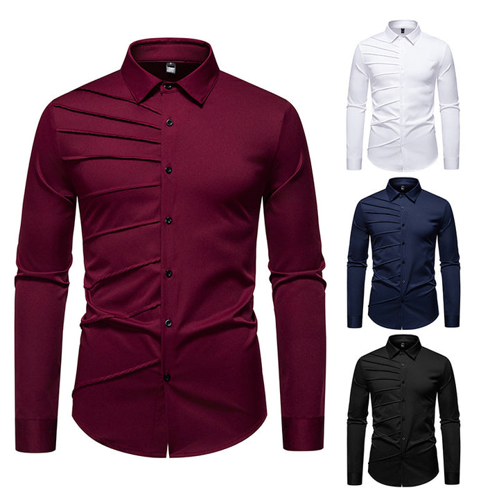 Herren Tailliertes Business-Hemd mit diagonalem Zierfalten-Design Drune