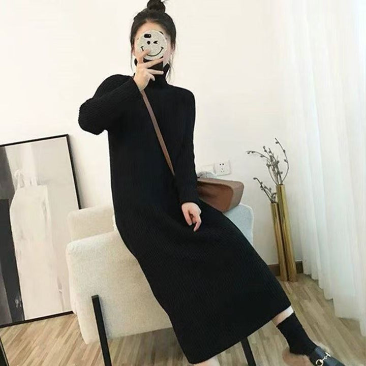 Damen Rippstrickkleid mit hohem Kragen und langem Schnitt Drune
