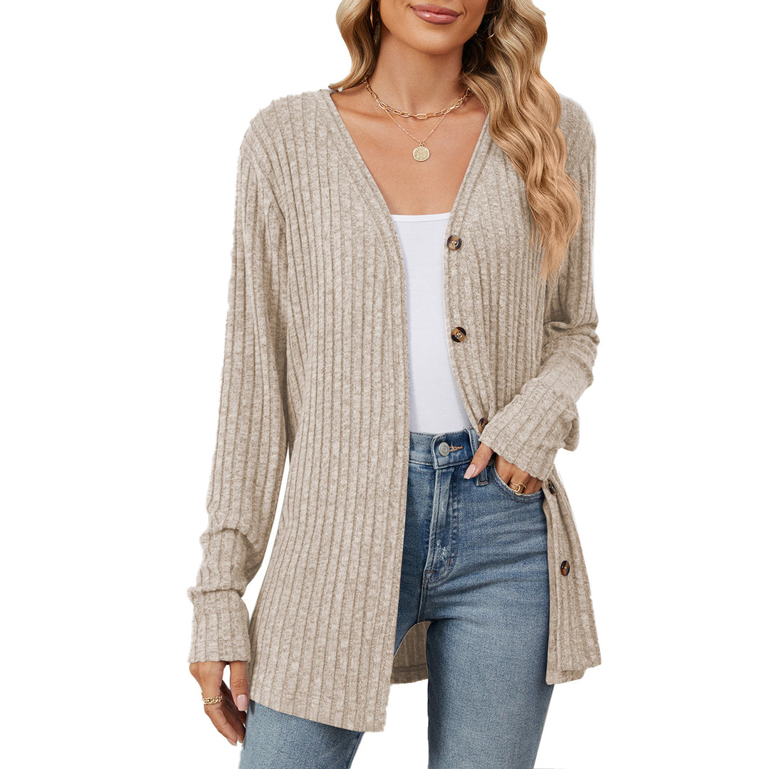 Damen lässige Strickjacke mit feiner Rippstruktur und praktischen Knöpfen Drune