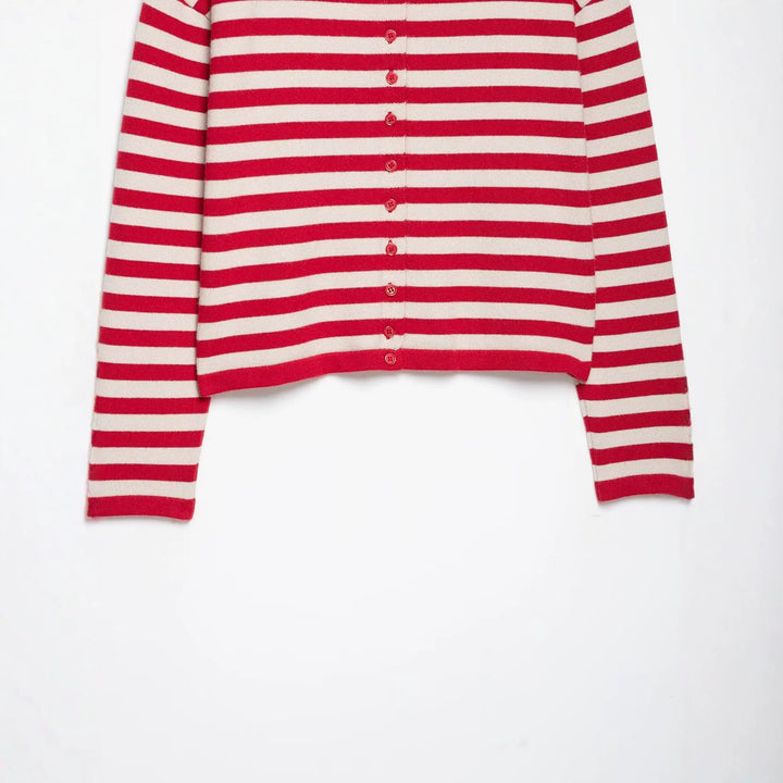 Damen Gestreifter Cropped Strick-Cardigan mit Stehkragen Drune