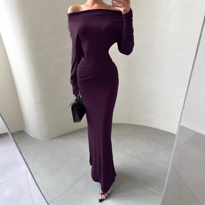 Damen Off-Shoulder Maxikleid mit taillierter Wickeloptik und Raffung Drune