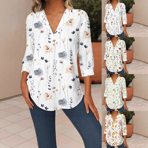 Damen Florale V-Ausschnitt Tunika-Bluse mit dreiviertel-Ärmeln und abgerundetem Saum Drune