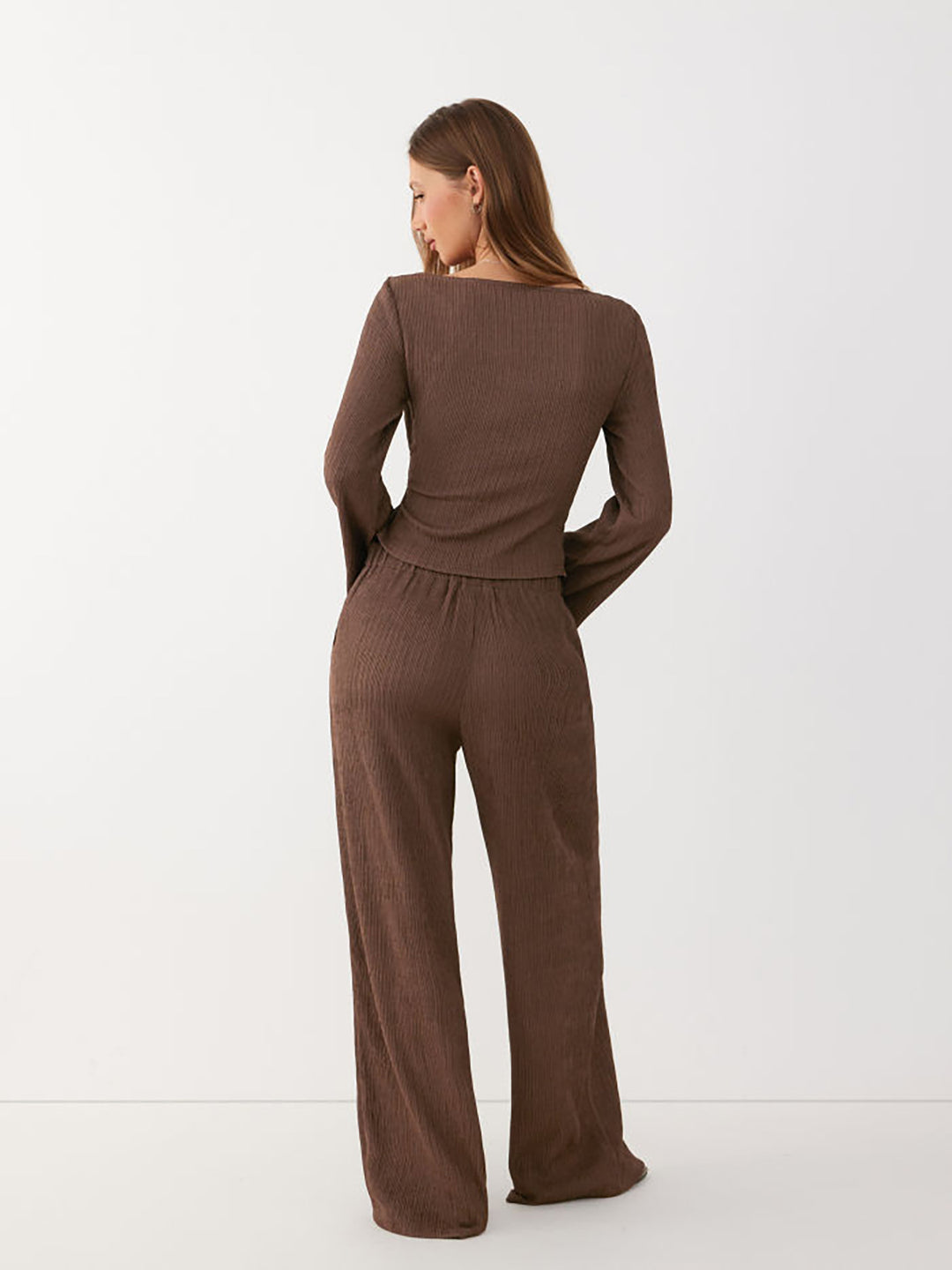 Damen Zweiteiliges geripptes Lounge-Set mit Wickeloberteil und weiter Hose Drune
