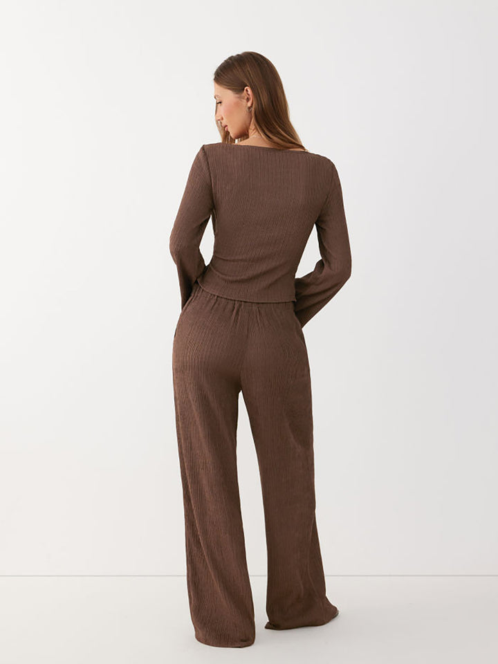 Damen Zweiteiliges geripptes Lounge-Set mit Wickeloberteil und weiter Hose Drune