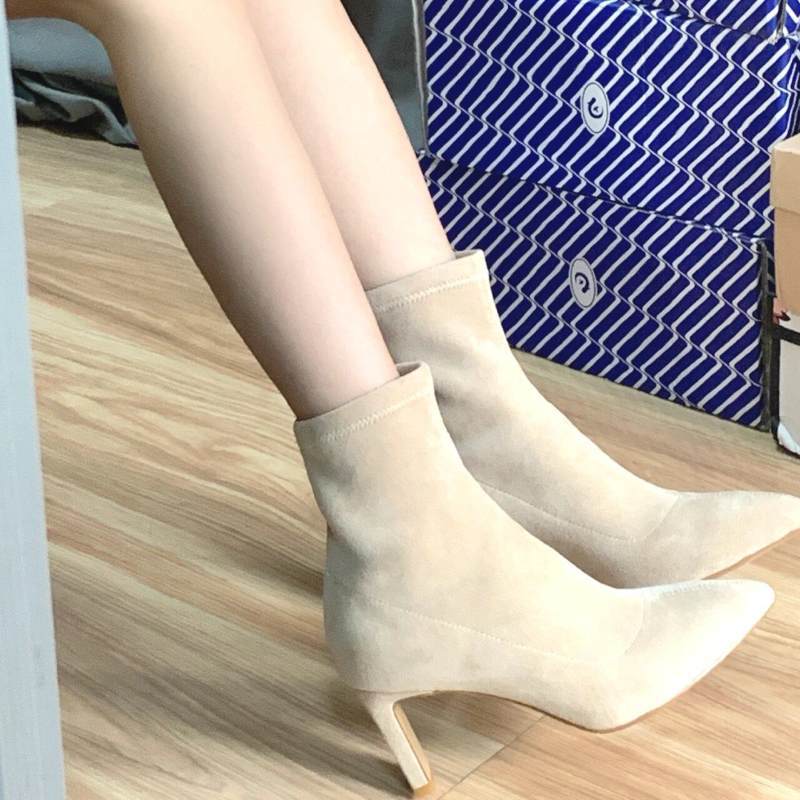 Damen spitz zulaufende Stiefeletten mit Sock-Top und skulpturiertem Stiletto-Absatz Drune