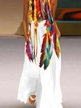 Damen Maxikleid mit bunten Federdruck Drune