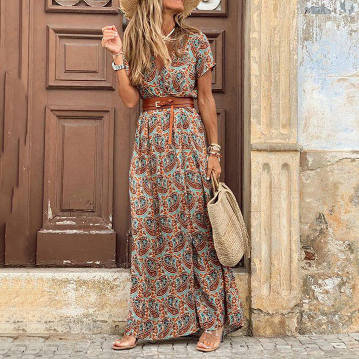 Damen Maxikleid mit seitlichem Schlitz und V-Ausschnitt Drune