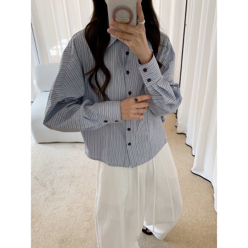 Damen Oversized Hemdbluse mit Streifenmuster und Ballonärmeln Drune