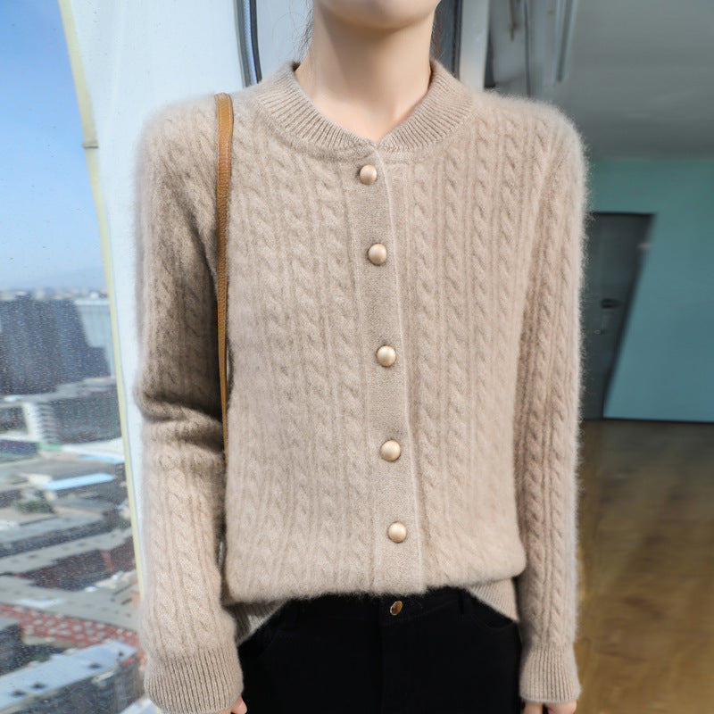 Damen Leichter Zopfstrick-Cardigan in Mohair‑Optik mit dekorativen Perlmuttknöpfen Drune