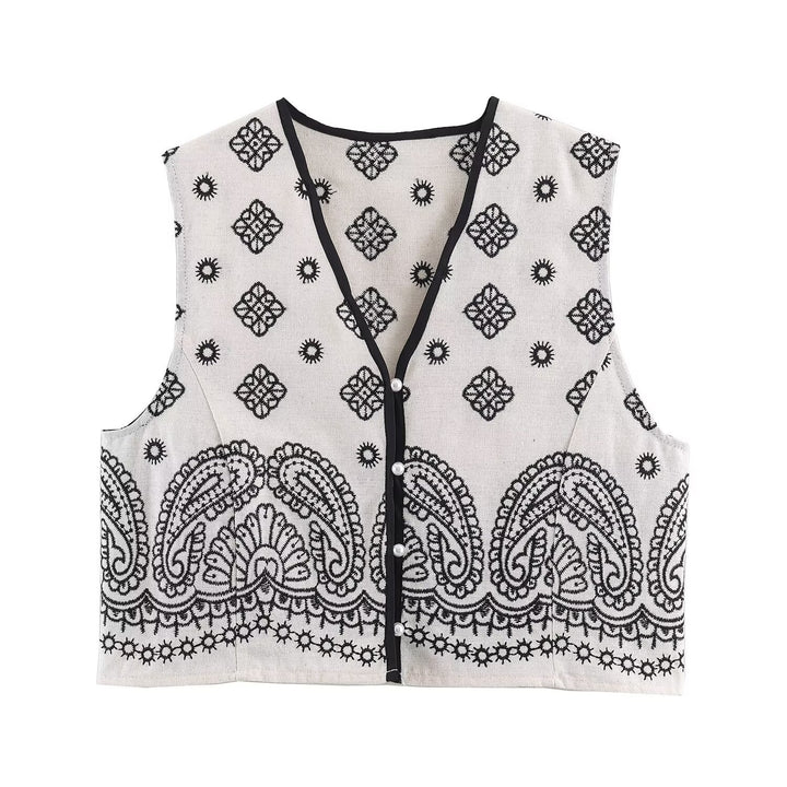 Damen Ärmellose bestickte Weste mit Paisley‑Motiv und Perlmuttknopfleiste Drune