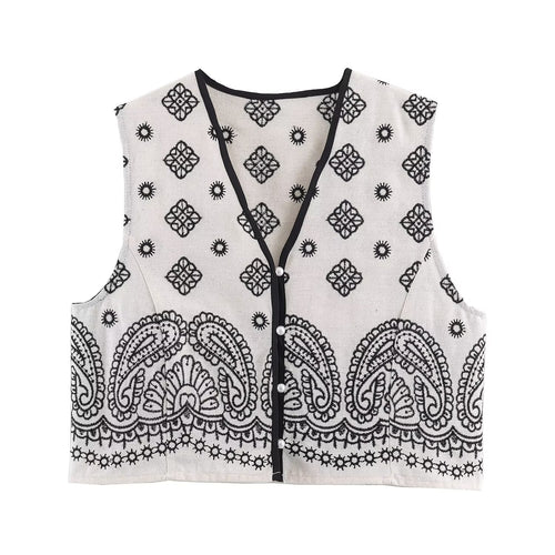 Damen Ärmellose bestickte Weste mit Paisley‑Motiv und Perlmuttknopfleiste Drune