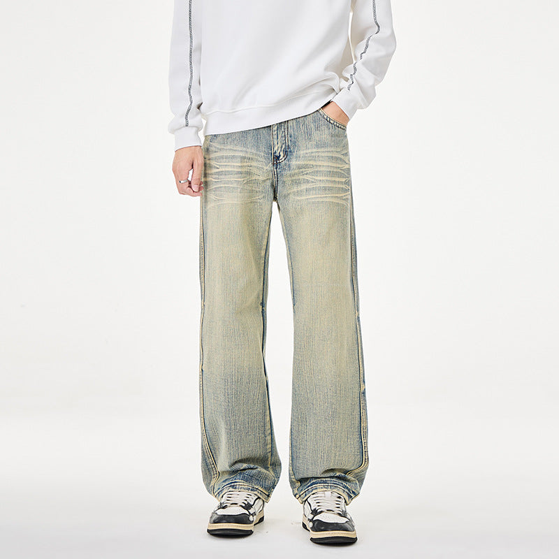 Herren Weit geschnittene Vintage-Denim-Jeans mit low-rise, Whisker‑Effekt und relaxed Bein Drune