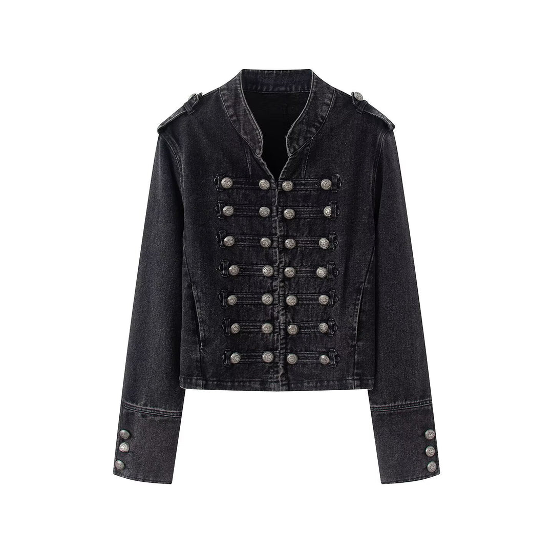 Damen Jeansjacke im Military-Stil mit dekorativer Zierknopfleiste Drune