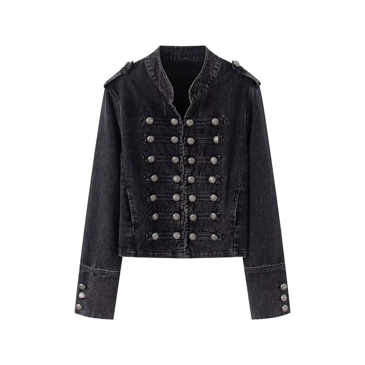 Damen Jeansjacke im Military-Stil mit dekorativer Zierknopfleiste Drune