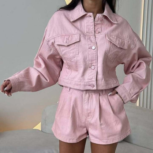Damen Kurzgeschnittenes Jeans-Set mit verkürzter Jeansjacke und taillenhohen Shorts Drune