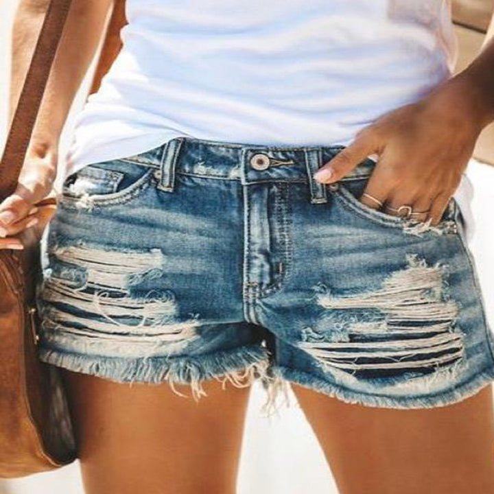 Damen Destroyed Denim-Shorts im modernen Look mit Fransen Drune