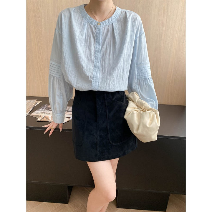 Damen lässige Bluse mit eleganten Puffärmeln und Knopfdetail Drune
