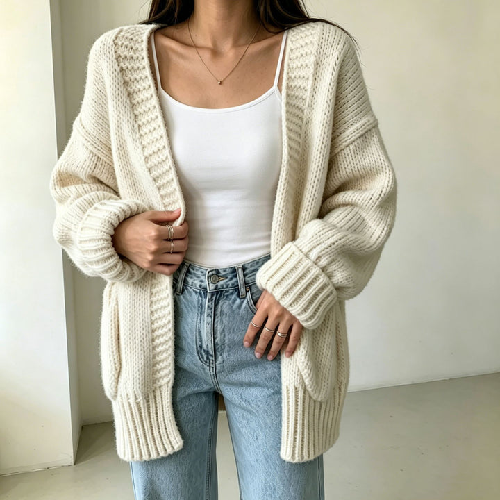 Damen Langer Offener Grobstrick-Cardigan mit aufgesetzten Taschen und gerippten Bündchen Drune