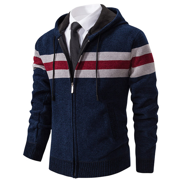 Herren Gestrickte Kapuzen-Strickjacke mit Kontraststreifen und Reißverschluss Drune