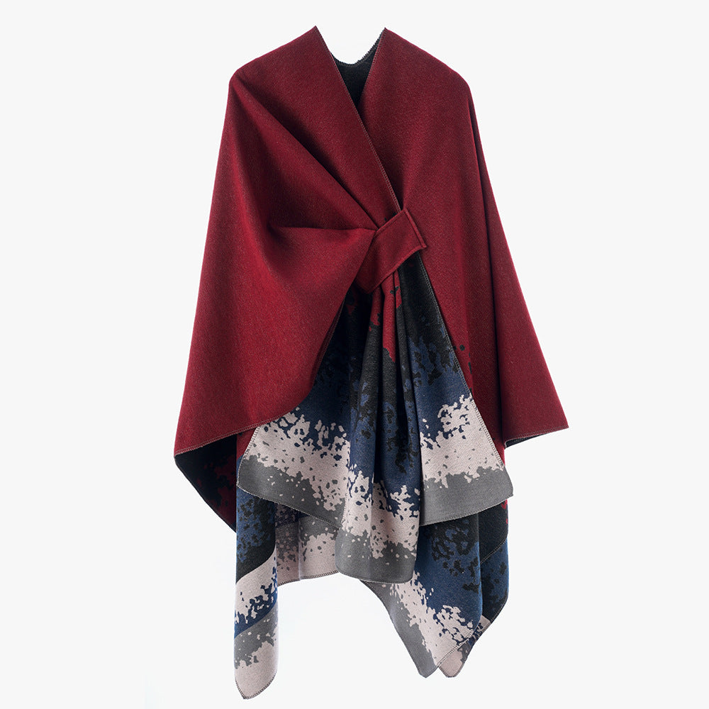 Damen Reversibler Wollmix-Capeponcho mit Bindegürtel und abstraktem Farbverlauf Drune