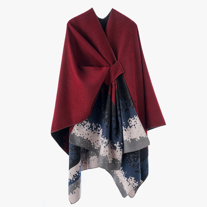 Damen Reversibler Wollmix-Capeponcho mit Bindegürtel und abstraktem Farbverlauf Drune