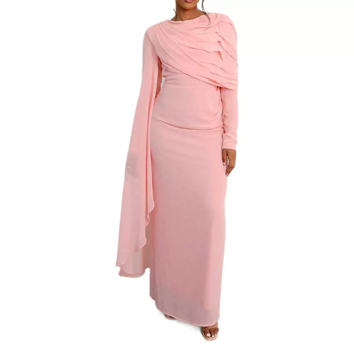 Damen Elegantes Maxi-Kleid mit drapierter Schultergestaltung und langem Arm Drune