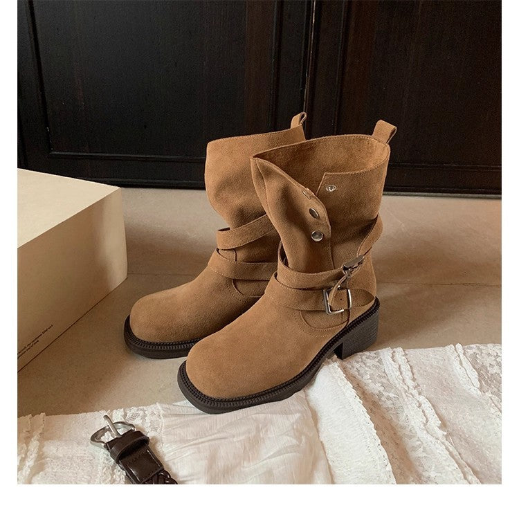 Damen Veloursleder-Bikerstiefel mit Schnallen und mittlerem Blockabsatz Drune