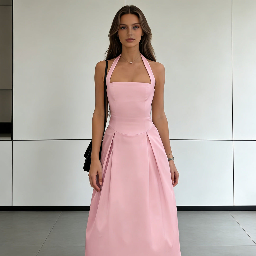 Damen Elegantes Midikleid mit tiefem V-Ausschnitt und stilvollem Faltenrock Drune