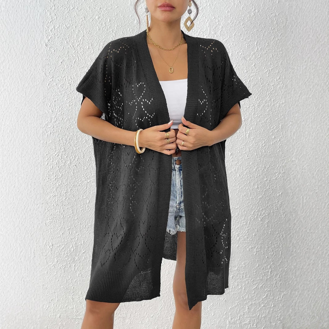Damen luftiger Strick-Kimono mit floralem Lochmuster Drune