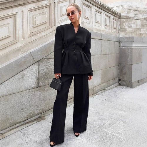 Damen Eleganter Blazer-Hosenanzug mit taillierter Silhouette und klassischen Knopfdetails Drune