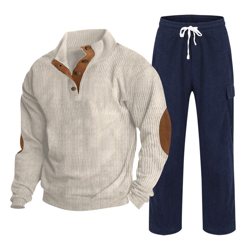 Herren nan strukturiertes Feinstrick-Halbknopf-Pullover und Feincord-Cargo-Zweiteiler Drune