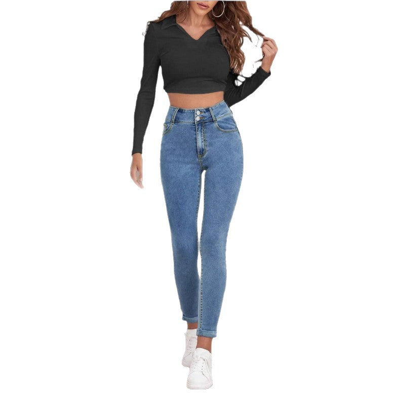 Damen Hochgeschnittene Sculpting-Skinny-Jeans mit Doppelknopf und Umschlag-Detail Drune