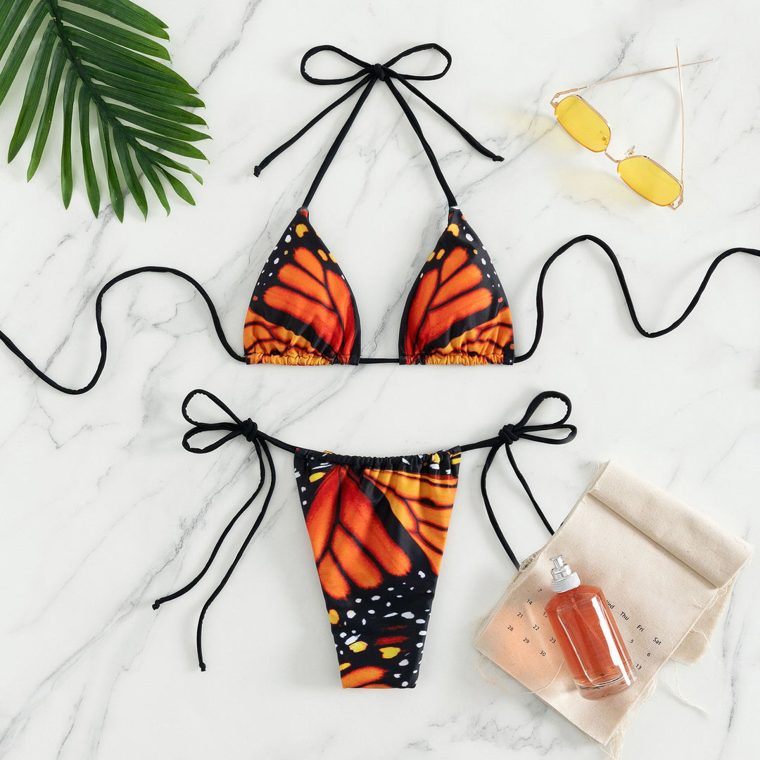 Damen Triangel-Bikini mit auffälligem Schmetterlingsmuster und verstellbaren Bindebändern Drune