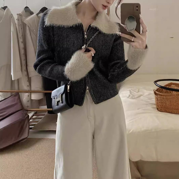 Damen Strickjacke mit luxuriösem Kragen und Reißverschluss Drune