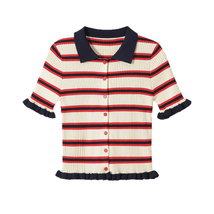 Damen Gerippte Kurzarm-Polokragen-Strickjacke mit Volantbündchen Drune