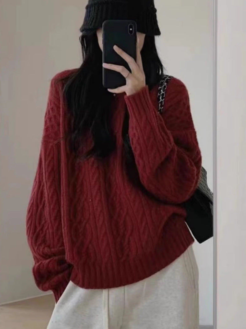 Damen Oversize Zopfmuster‑Pullover mit Rundhalsausschnitt und lässiger Schulterpartie Drune