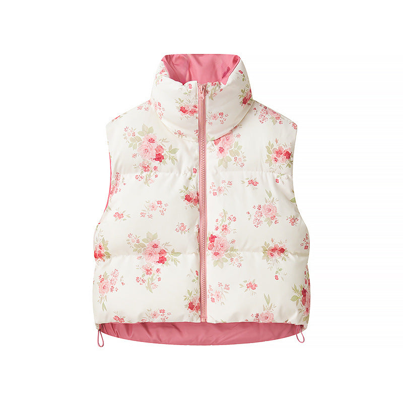 Damen nan gesteppte Weste mit floralem Allover-Print, hohem Stehkragen und verstellbarem Saum Drune