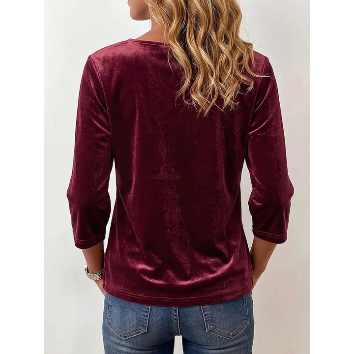 Damen Samtbluse mit eckigem Ausschnitt, Kordelzug und dreiviertel Ärmeln Drune