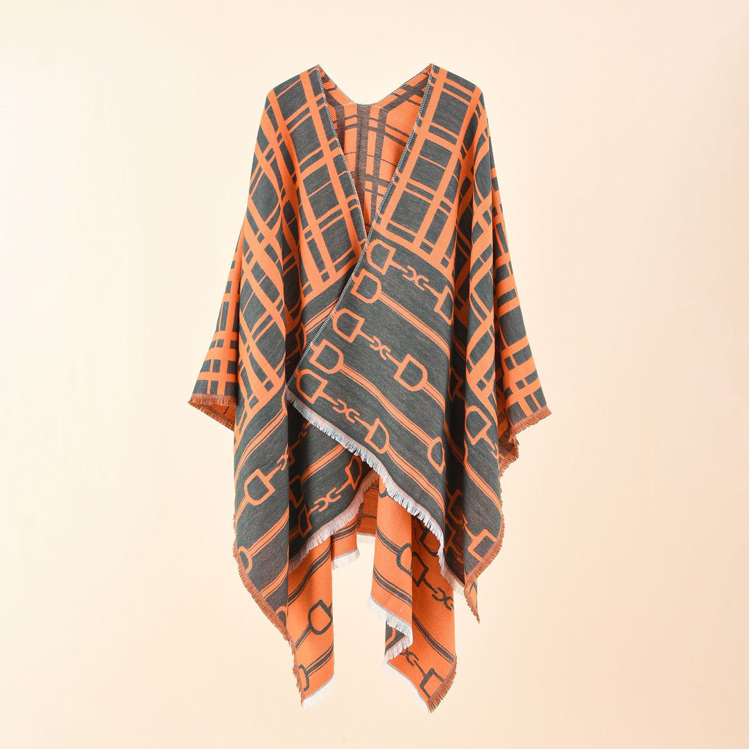Damen Jacquard-Umhang mit Steigbügel‑Motiv und Fransensaum Drune
