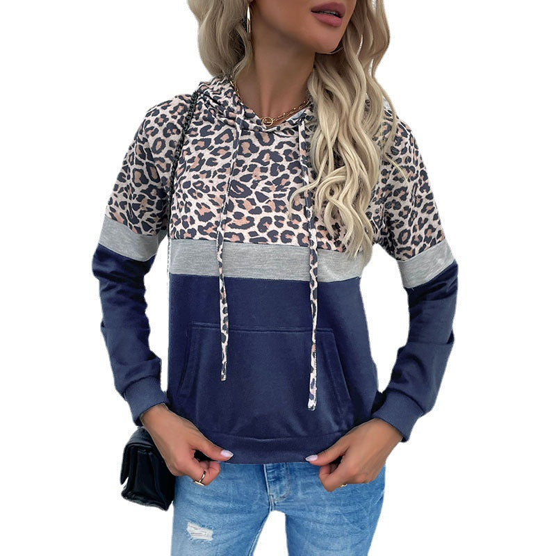 Damen Kapuzenpullover im Blockdesign mit Leopardenmuster, Kängurutasche und Tunnelzug Drune