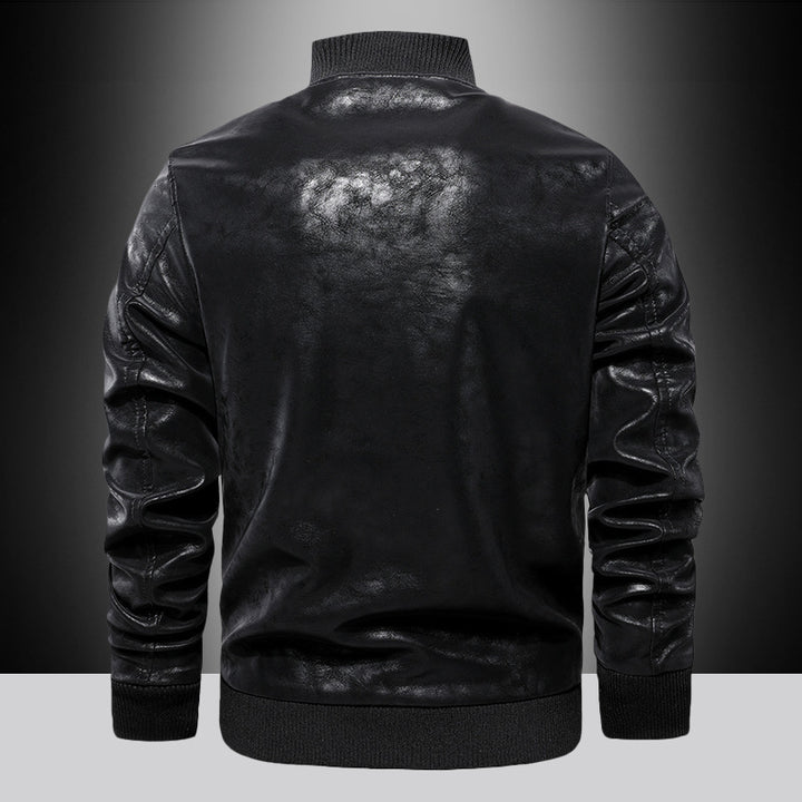 Herren Lederoptik Bomberjacke mit Stickbadge, Rippbündchen und Gold-Details Drune