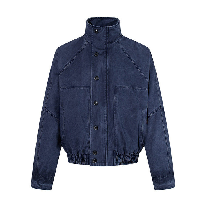 Damen kurze Oversize-Bomberjacke mit Stehkragen, Knopfleiste und elastischem Saum Drune