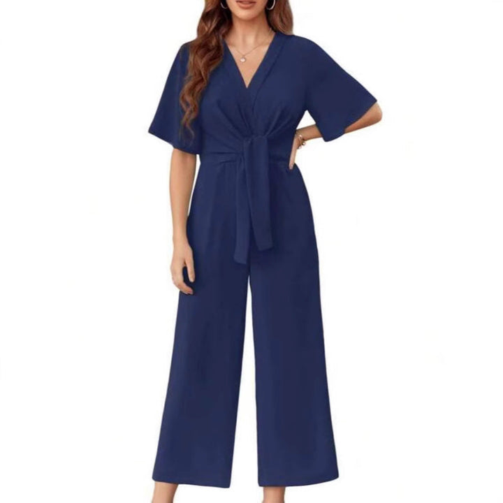 Damen eleganter Wickel-Jumpsuit mit weiten Beinen und Taillengürtel Drune