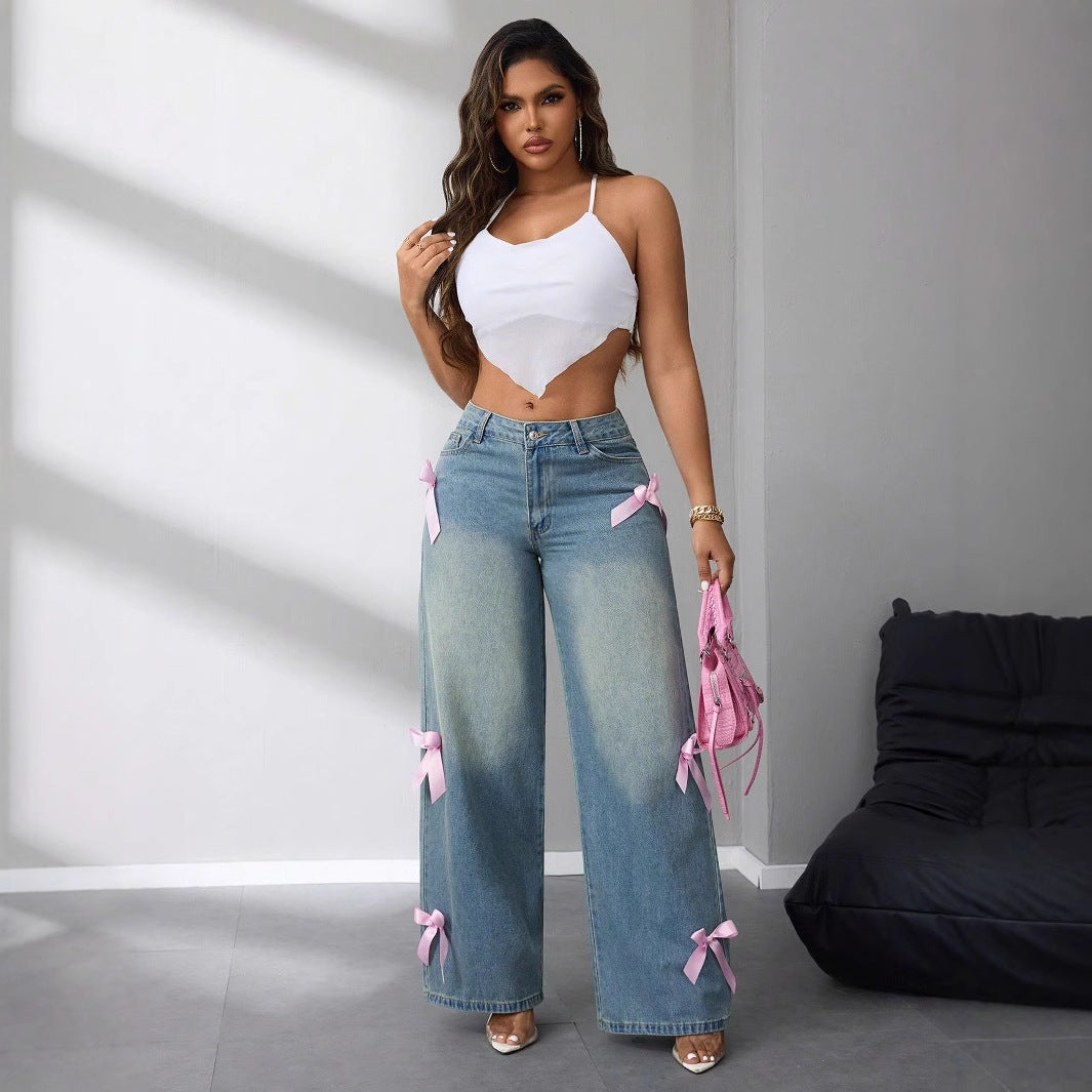 Damen weite High-Waist Jeans mit dekorativen Schleifenapplikationen Drune