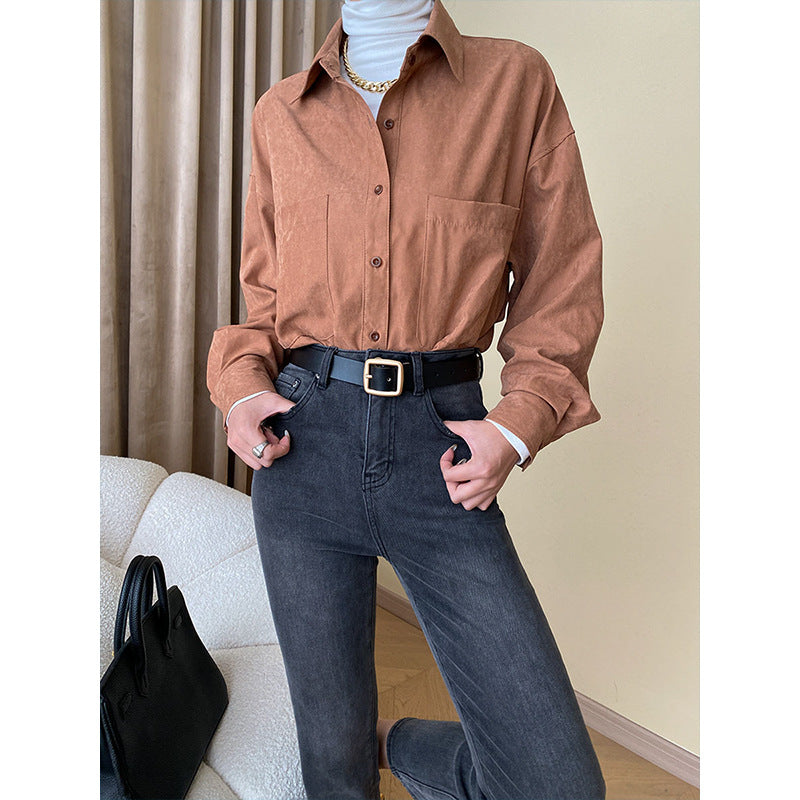 Damen lässige Hemdbluse mit oversized Schnitt und praktischen Taschen Drune