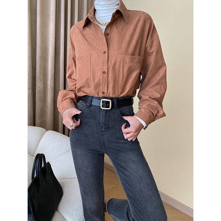 Damen lässige Hemdbluse mit oversized Schnitt und praktischen Taschen Drune
