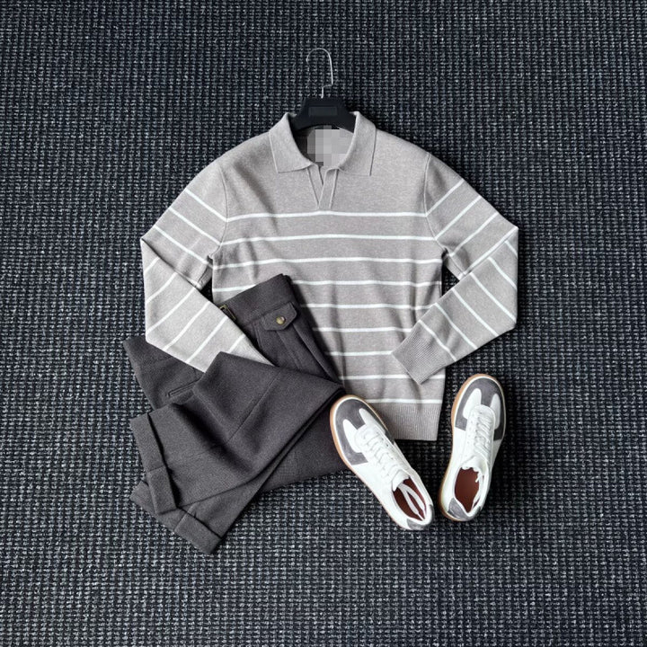 Herren Modischer Strickpullover mit V-Ausschnitt und Streifen Drune