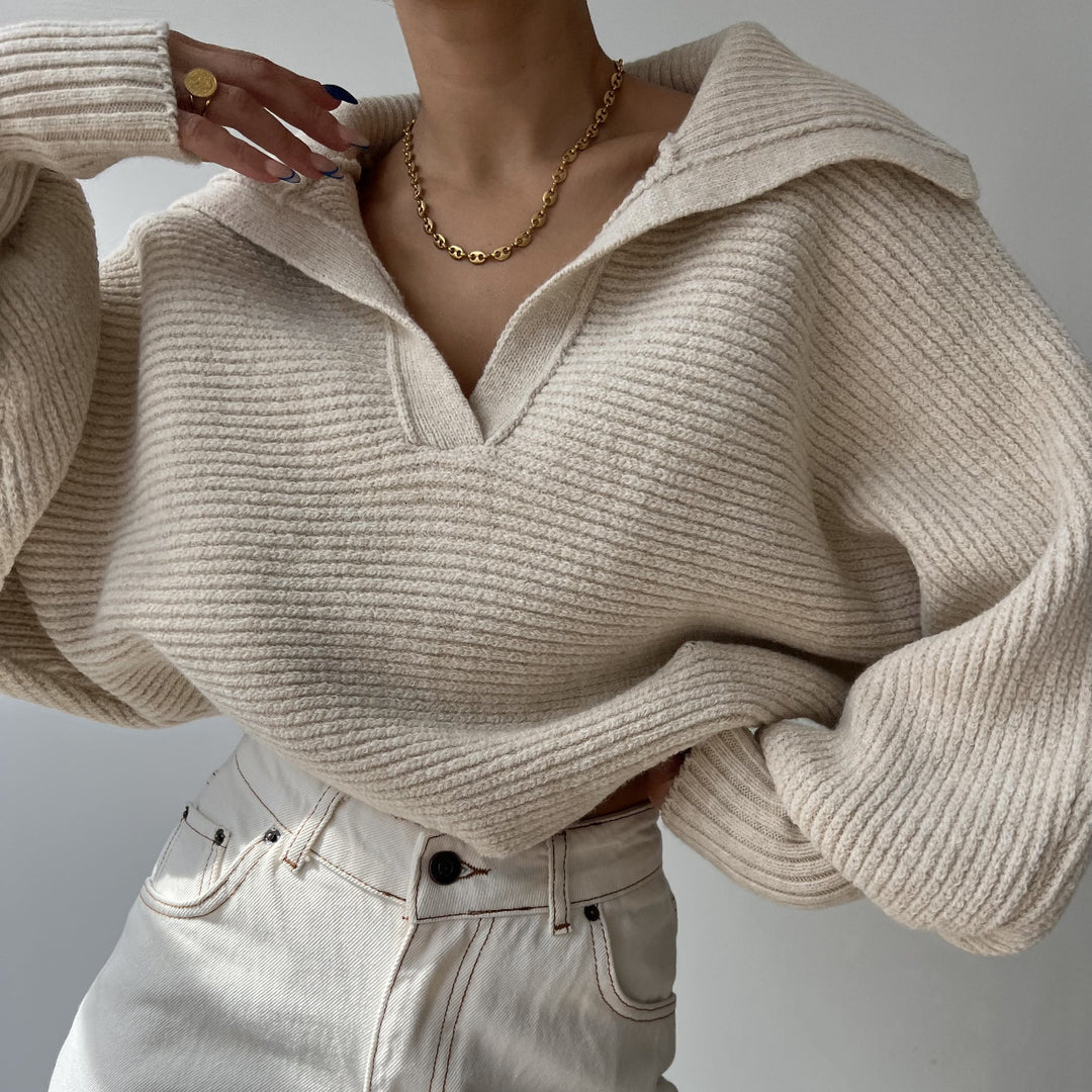 Damen kurzes geripptes Strickpullover mit weitem Matrosenkragen und Ballonärmeln Drune